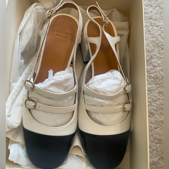NWT Sezane Black and Cream Paula Slingback Size 38 - Picture 2 of 4